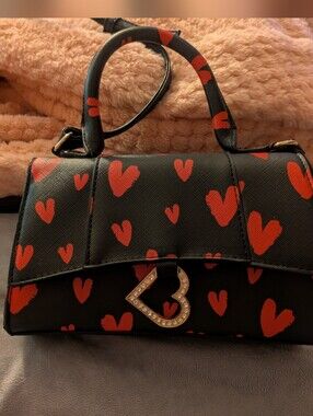 Like Dreams Black & Red Heart-Print Top-Handle Cross Body Bag Rhinestone Heart
